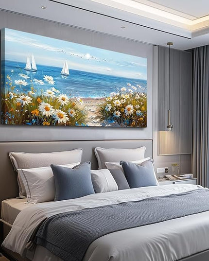 PHAOHUAXM Large Blue Ocean Landscape Canvas Printing Picture Wall Art For Living Room Farmhouse Dinin Mural White Flowers Bedroom Office Wall Decor Home Decor Painting Easy To Hang 30x60 Inches