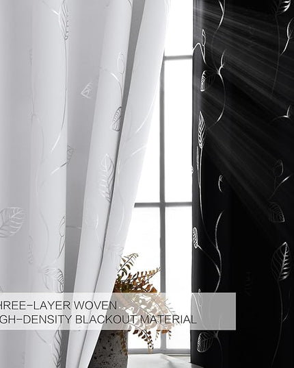 BUHUA White Blackout Curtains 84 Inches Long, Darkening Curtains for Bedroom Window Curtain Panels with Leaf Pattern (52 x 84 Inch,Greyish White,2 Panels)