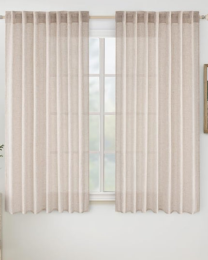 MIULEE Natural White Linen Curtains 48 Inch Long for Bedroom Living Room, Soft Thick Linen Textured Window Drapes Semi Sheer Light Filtering Rod Pocket Back Tab Neutral Farmhouse Cream Ivory 2 Panels