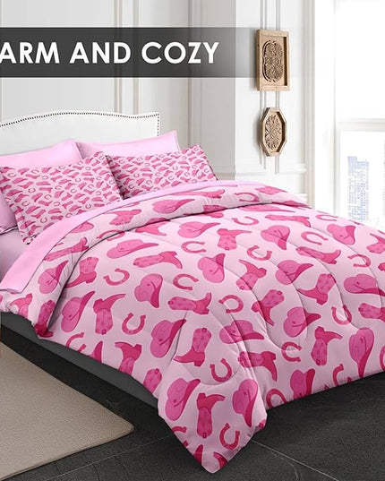 Comforter Set Full Size, Pink Cowboy Cowgirl 7 Pcs Bedding for Kids and Adults, Cute American Western Bed Sheet Sets with Fitted Sheet 2 Pillowcases & 2 Shams