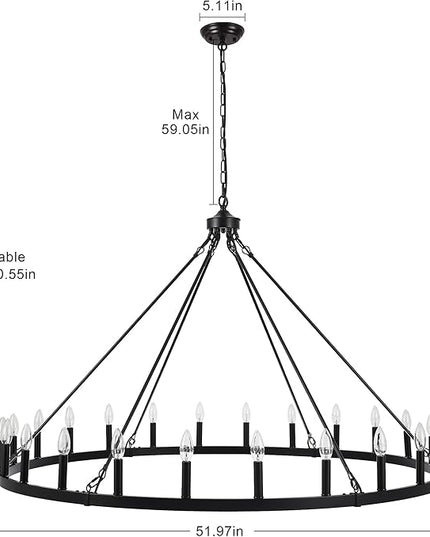 24-Light Black Wagon Wheel Chandelier for Living Room 52 Inch Farmhouse Chandeliers Large Round High Ceilings Light Fixtures for Entryway Dining Room Foyer Kitchen Island