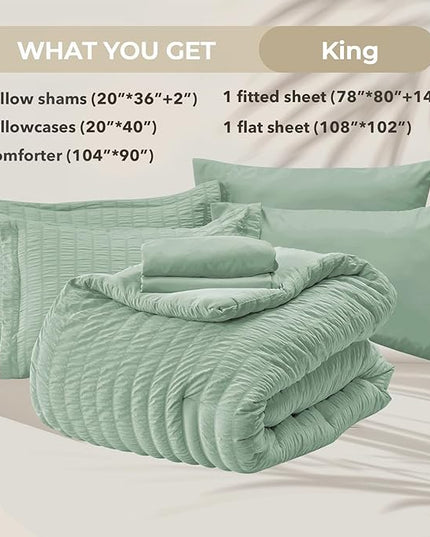 HYMOKEGE Sage Green King Size Comforter Set Seersucker 7 Pieces, All Season Luxury Bed in a Bag for Bedroom, Bedding Set with Comforters, Sheets, Pillowcases & Shams