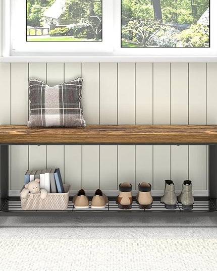 EXCEFUR Entryway Bench, Modern Wood and Metal Storage Bench for Hallway Front Door Entrance, Industrial Indoor Shoe Rack Bench Seat for Living Room Bedroom, 43.3 Inch Rustic Brown