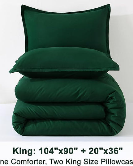 Litanika Dark Emerald Green King Comforter Set, 3 Pieces Solid Forest Bedding Set, All Season Fluffy Bed Set (104x90In Comforter & 2 Pillowcases)