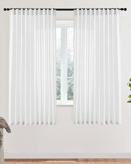 XTMYI White Back Tab/Hook Belt Linen Cotton Sheer Curtains for Bedroom White 63 Inches Long,2 Panels