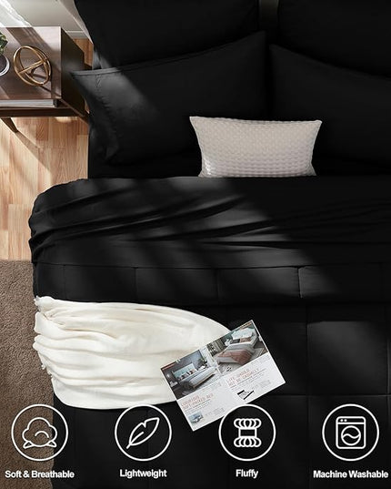 CozyLux Oversized King Comforter Sets Black, 7 Pieces Bed in a Bag, Ultra-Soft All Season Bedding Sets with Stitch Quilted Comforter, Flat Sheet, Fitted Sheet, Pillowcases, Black