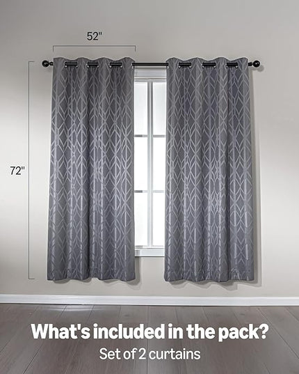 Amazon Basics Jacquard 2-Piece 100% Blackout Curtains, Living Room and Bedroom Drapes, Thermal Insulated Window Treatment, 52"x72", Grey