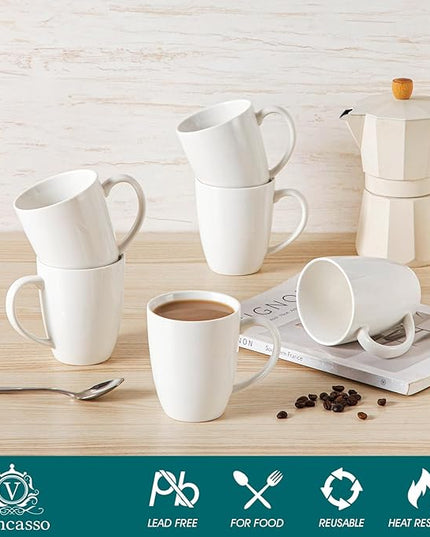 vancasso White Ceramic Coffee Mug Set of 6, 12 Oz Tea Cups with Handle for Latte, Tea, Cappuccino, Milk, Cocoa, Microwave&Dishwasher Safe