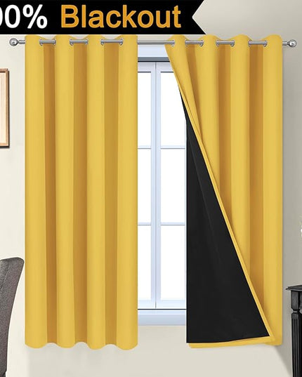 Yakamok Thermal Insulated 100% Blackout Curtains for Bedroom, Double Layer Full Room Darkening Noise Reducing Grommet Curtains, Heat Blocking Drapes for Living Room(52Wx63L, Mustard Yellow, 2 Panels)
