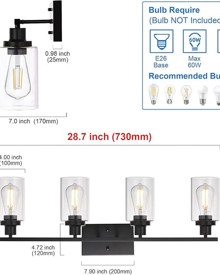 MELUCEE 4 Lights Sconces Wall Lighting Black with Clear Glass Shade, Industrial Bathroom Light Fixtures Vanity Lights Porch Light Fixtures Wall Mount (Patent No.: US D963914 S)