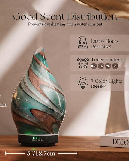 Porseme 150ml Essential Oil Diffuser Glass Color Changing Aroma Air Diffusers Aromatherapy Ultrasonic Cool Mist Humidifier 4 Running Hours Waterless Auto-Off for Sleeping Yoga Office Spa (Teal Green)