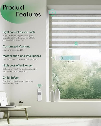 Yoolax Motorized Zebra Blinds, Remote Zebra Shades for Indoor Windows, Motorized Shades with Remote Light Control Horizontal Window Blinds Custom Size(100% Blackout Striped Gold)
