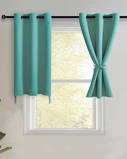 JIUZHEN Short Curtains Kitchen Half Window Blackout Curtains with Tiebacks for Baseroom Shadows, Grommet Curtains for Living Room, Set of 2 Window Curtain Panels, 42 x 30 Inch Length，Turquoise