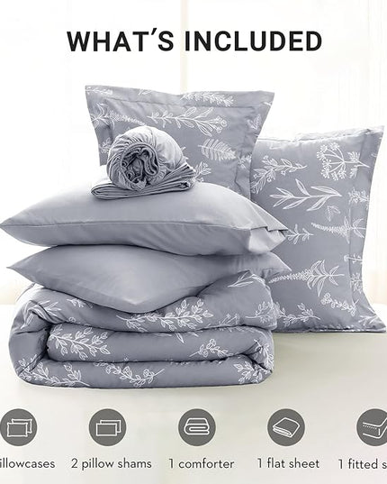 MUXHOMO Light Grey Full Comforter Set, Elegant Floral Print Bed in a Bag 7 Pieces, Ultra Soft & Breathable Reversible Botanical Pattern Bedding Set with Comforter, Sheets, Pillowcases, and Shams