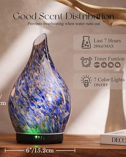 Porseme 280ml Essential Oil Diffuser Glass Color Changing Aroma Air Diffusers Aromatherapy Ultrasonic Cool Mist Humidifier 7 Running Hours Waterless Auto-Off for Sleeping, Yoga, Office (Deep Blue)