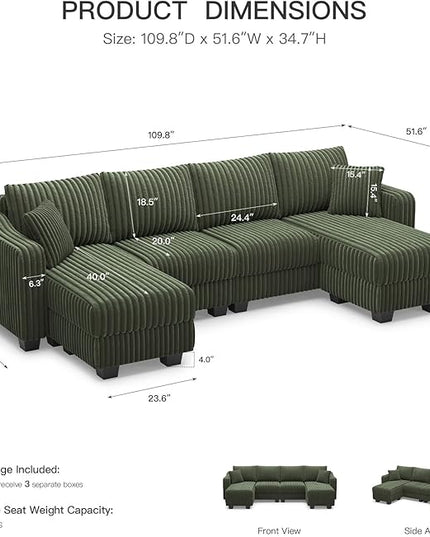 Belffin U Shaped Couch with Reversible Chaises Sectional Couches for Living Room Sectional Couch with Ottomans Corduroy (Green, U Shaped)