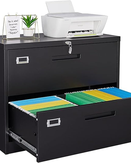 Letaya Metal Lateral File Cabinets with Lock,2 Drawer Steel Wide Filing Organization Storage Cabinets,Home Office Furniture for Hanging Files Letter/Legal/F4/A4 Size (Blcak-2 Drawer)