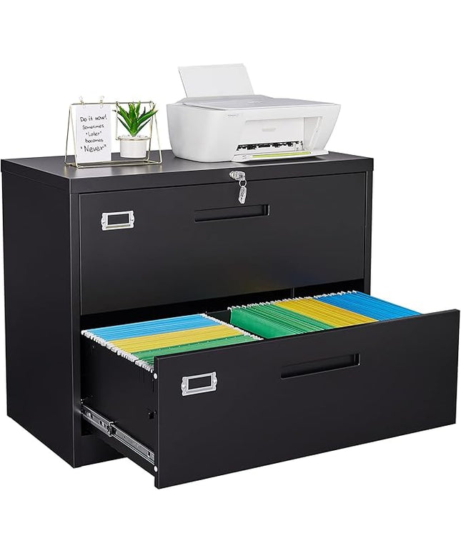 Letaya Metal Lateral File Cabinets with Lock,2 Drawer Steel Wide Filing Organization Storage Cabinets,Home Office Furniture for Hanging Files Letter/Legal/F4/A4 Size (Blcak-2 Drawer)