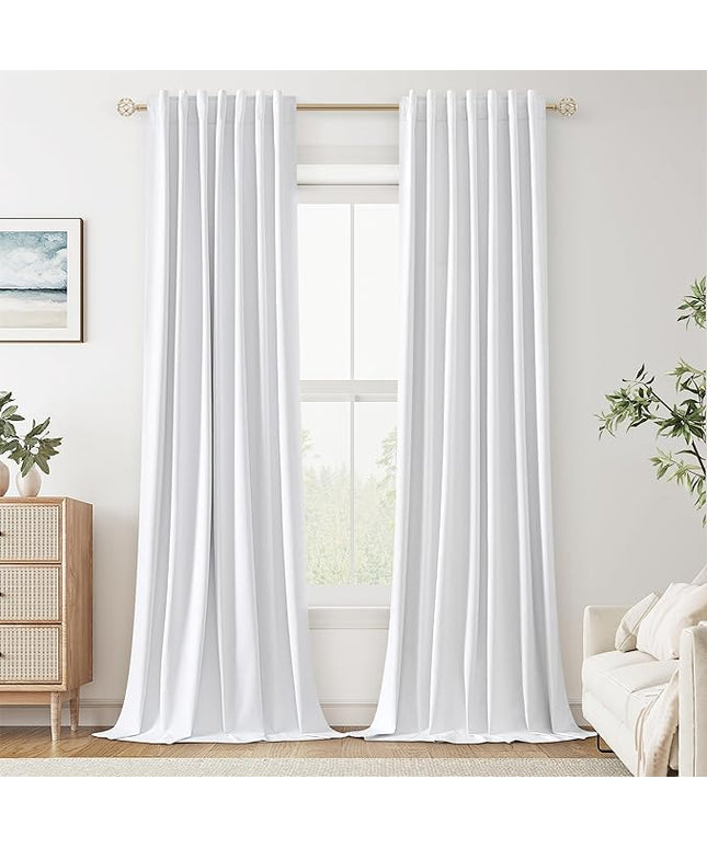 Guken White Linen Blackout Curtains 126 Inch Length 2 Panels Set for Living Room Bedroom Back Tab Thermal Insulated 100% Black Out Drapes Room Darkening Window Curtains Pure White