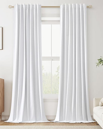 Guken White Linen Blackout Curtains 86 Inch Length 2 Panels Set for Living Room Bedroom Back Tab Thermal Insulated 100% Black Out Linen Drapes Room Darkening Window Curtains Pure White