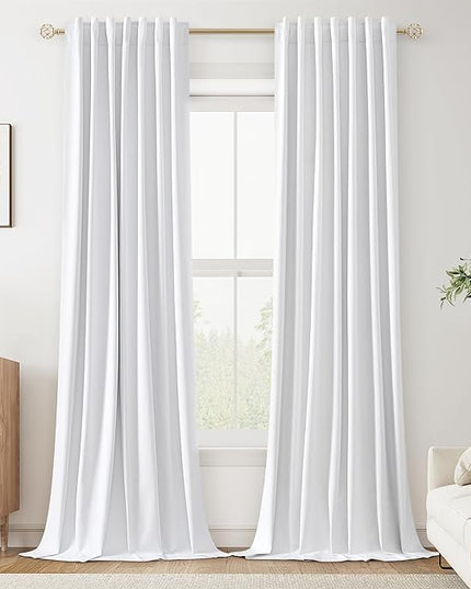 Guken White Linen Blackout Curtains 96 Inch Length 2 Panels Set for Living Room Bedroom Back Tab Thermal Insulated 100% Black Out Linen Drapes Room Darkening Window Curtains Pure White