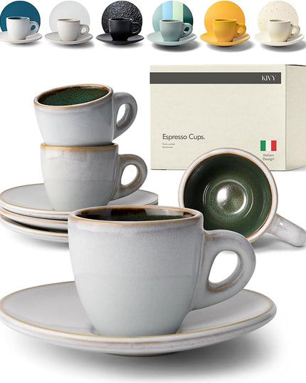 KIVY Stoneware Espresso Cups, 4-Piece Set - Italian Design, Thick-Walled, 3 oz, Microwave & Dishwasher Safe