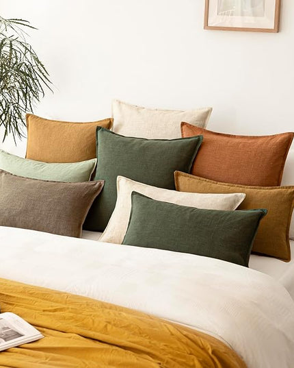 Foindtower Pack of 2, Decorative Linen Solid Throw Pillow Covers Soft Accent Cushion Case Farmhouse Neutral Pillowcase for Chair Couch Sofa Bedroom Living Room Home Decor 22 x 22 Inch Dark Olive Green