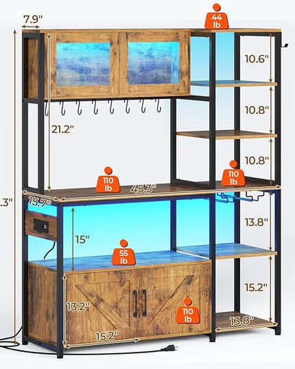 Itaar Bakers Rack with Power Outlet and LED Light, 45.3 Inch Farmhouse Coffee Bar Cabinet, Kitchen Microwave Stand with Storage, Glass Cabinet, Goblet Holder and 8 Hooks (Rustic Brown)
