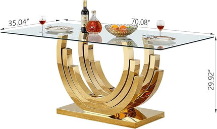 Henf 70'' Glass Dining Table for 4-8 People, Sturdy Stainless Steel Base, Rectangular Dining Room Table for 6, Glass Kitchen Table for Family, Gold Dining Table for 6