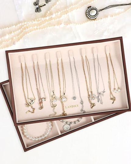 LANDICI Stackable Jewelry Organizer Trays 4 Set,PU Leather Jewelry Organizer Drawer,Jewelry Storage Display Tray for Earring Necklace Rings Bracelet with Removable Dividers,Coffee