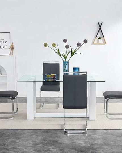 Ebullient Glass Dining Table Set for 4, Modern Dining Table Set for 4, Tempered Glass Tabletop with White MDF Trapezoid Legs, Rectangle Kitchen Table with 4 Faux Leather Chairs for Home Apartment