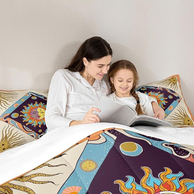 Sun Moon Trippy Comforter Set Queen, Star Galaxy Boho Exotic Bedding Set 3pcs for Kids Teens Adults Room Decor, Geometric Creative Quilt Set, Colorful Bright Duvet Insert with 2 Pillowcases
