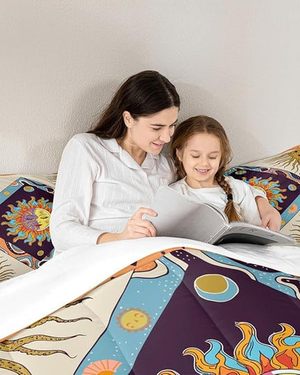 Sun Moon Trippy Comforter Set Full, Star Galaxy Boho Exotic Bedding Set 3pcs for Kids Teens Adults Room Decor, Geometric Creative Quilt Set, Colorful Bright Duvet Insert with 2 Pillowcases