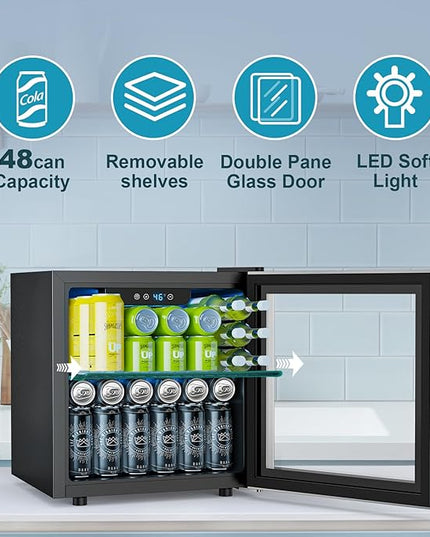 48 Can Beverage Refrigerator,12 Bottle Wine Cooler with Stainless Steel Glass Door, Digital Temperature Display, Countertop Mini Fridge for Soda, Wine or Beer, Silver