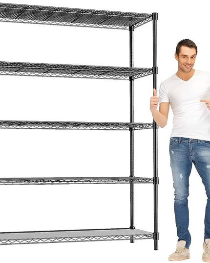 48" W Storage Shelves 5-Tier Wire Shelving, 1875LBS Adjustable Metal Shelving with 5 Shelf Liners, Heavy Duty Steel Wire Rack for Garage Commercial Pantry Kitchen, 48" W x 18" D x 72" H, Black