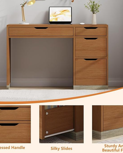 48 Inch Small Desk with 4 Drawers, Computer Desk with Storage File Cabinet for Bedroom, Home Office Desk with Storage for Small Space, Brown