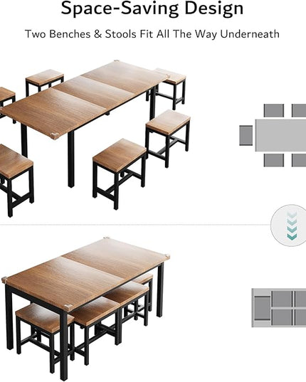 iPormis 7-Piece Dining Table Set with 6 Stools, 63" Extendable Kitchen Table Set for 4-8, Modern Dining Room Table with Sturdy Metal Frame, Space-Saving Dinette, Walnut