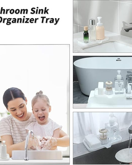 Silicone Bathroom Soap Dishes with Drain Spout-Bathroom and Kitchen Sink Organizer,Sponge Holder,Dish Soap Tray,Perfect for Dispenser,Scrubber,Bottle,Cup on Sink or Counter-White 9.6"×5.3"