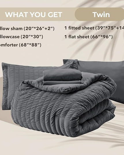 HYMOKEGE Twin Comforter Set Seersucker 5 Pieces, All Season Luxury Bed in a Bag for Bedroom, Bedding Set with Comforters, Sheets, Pillowcase & Sham, Dark Grey