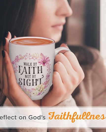 Christian Art Gifts Inspirational Scripture Ceramic Coffee & Tea Mug for Women: Walk by Faith Encouraging Bible Verse Cup, Microwave & Dishwasher Safe, Lead-free, White & Pink Floral Wreath, 12 oz.