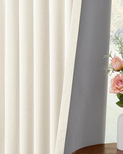 INOVADAY 100% Blackout Curtains for Bedroom, Black Out Curtains 72 Inch Long, Clip Rings Linen Blackout Drapes, Thermal Insulated Room Darkening for Living Room, 2 Panels - Lightcream,W50xL72