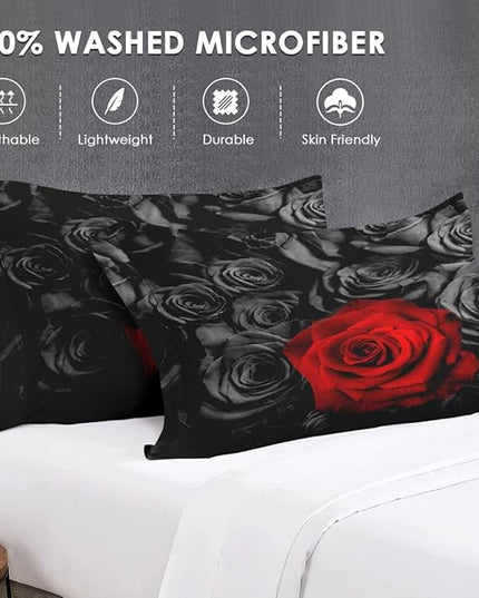 King Size Comforter Set with 2 Pillowcases, Red Rose Flower 3 Pcs Bedding for Kids and Adults, Summer Vintage Floral Soft Comforter Set for Bedroom Bed Decor