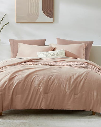 WRENSONGE Queen Comforter Set - 7 Pieces Clay Pink Soft Bed in a Bag Queen with Fitted Sheet, Flat Sheet, 2 Pillow Shams, and 2 Pillowcases- Warm Bedding Sets for All Season