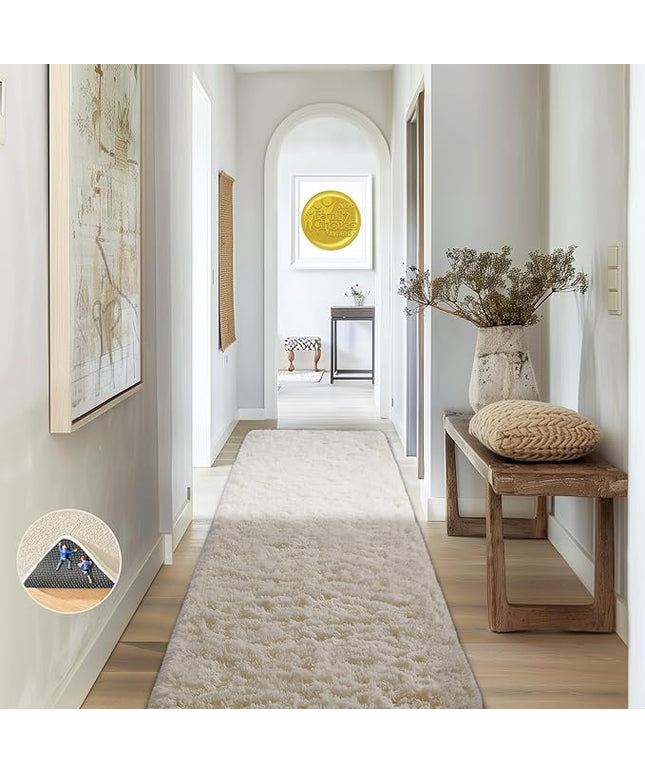 Ophanie Runner Rug for Hallway, 2x6 Upgrade Non-Slip Fluffy Soft Bedside Rugs, Bedroom Living Room Ivory Shaggy Carpet for Kids Girls Boys Dorm Nursery Home Decor Aesthetic