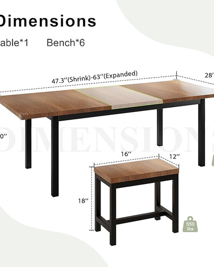 Feonase 7-Piece Dining Table Set with 6 Stools, 63" Large Extendable Kitchen Table Set for 4-8, Mid-Century Dining Room Table with Heavy-Duty Frame & MDF Board, Easy Assembly, Walnut