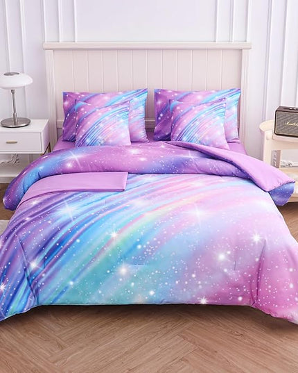 Rainbow Bedding Set Full Size – 7 Piece Reversible Girls Comforter with Deep-Pocket Sheet, Gradient Galaxy Design, Whole-Piece Filling, Machine Washable Bed-in-a-Bag for Kids Room Makeover & Gifts