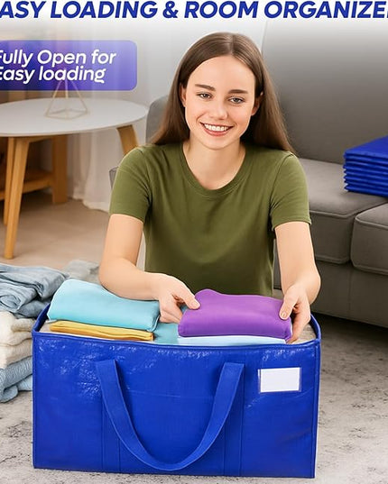 4 Pack Extra Large Moving Bags with Strong Zipper & Handles - Heavy Duty Clothes Storage Tote Bins - Moving Boxes for Space Saving, College Supplies with Drawstring bag