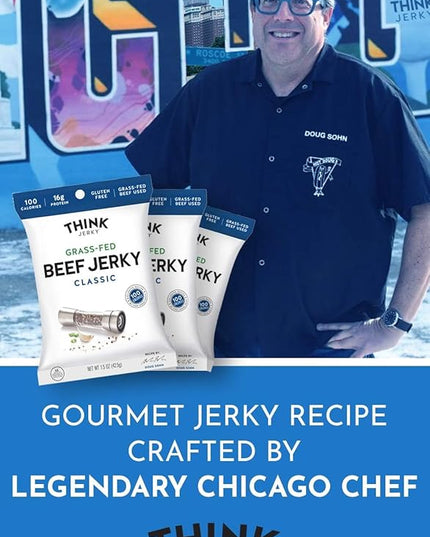 Think Jerky Classic Beef Jerky, Grass-Fed High Protein Beef Jerky, Gluten Free, No Antibiotics or Nitrates, Healthy Chef Crafted Recipe, Low Calorie and Low Fat - 2.2 oz Bags, 8 Pack