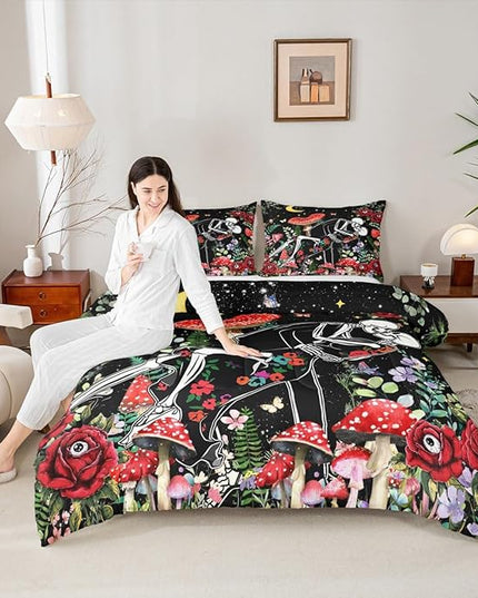 Mushroom Kids Comforter Set King Size,Sun Moon Starry Sky Romantic Bedding Set,Boys Girls Adults Room Decor,Butterfly Skeleton Flowers Boho Down Comforter,Red Trippy Duvet Insert,2 Pillowcases