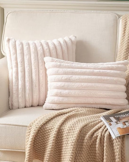 DEELAND Pack of 2,Double-Sided Faux Fur Plush Decorative Throw Pillow Covers Fuzzy Striped Soft Pillowcase Cushion Covers for Sofa Couch Bedroom Beige 12x20 inch